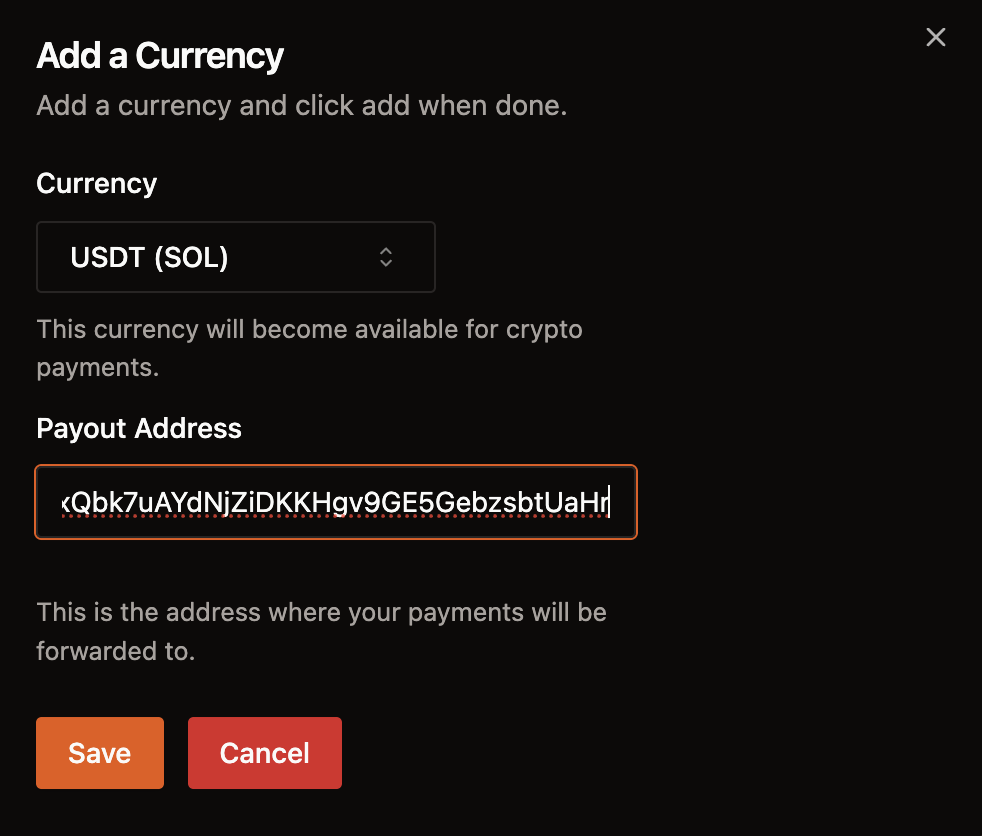 Crypto payment setup section