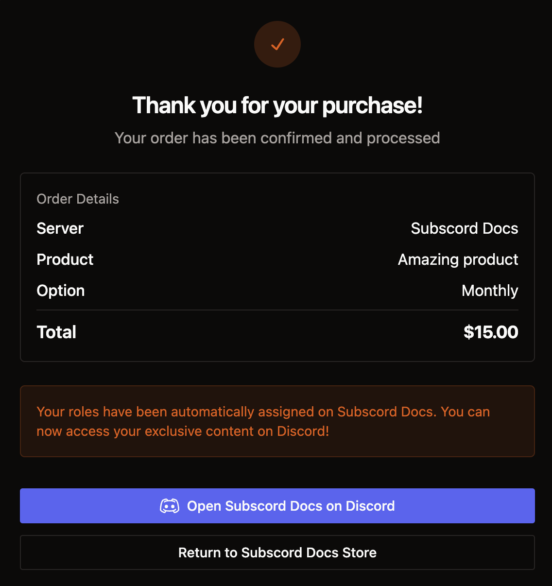 Successful payment confirmation page